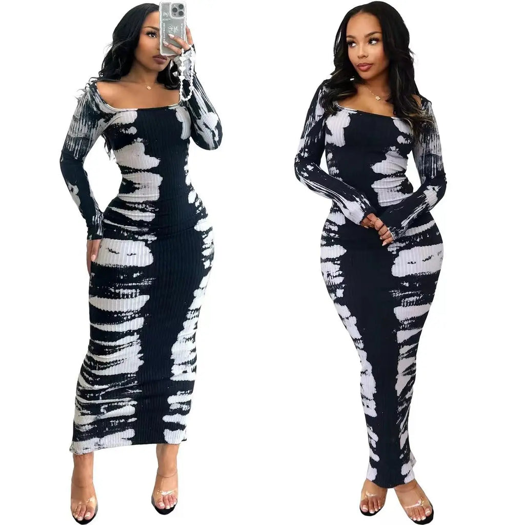 Printed Contrast Square Collar Dress