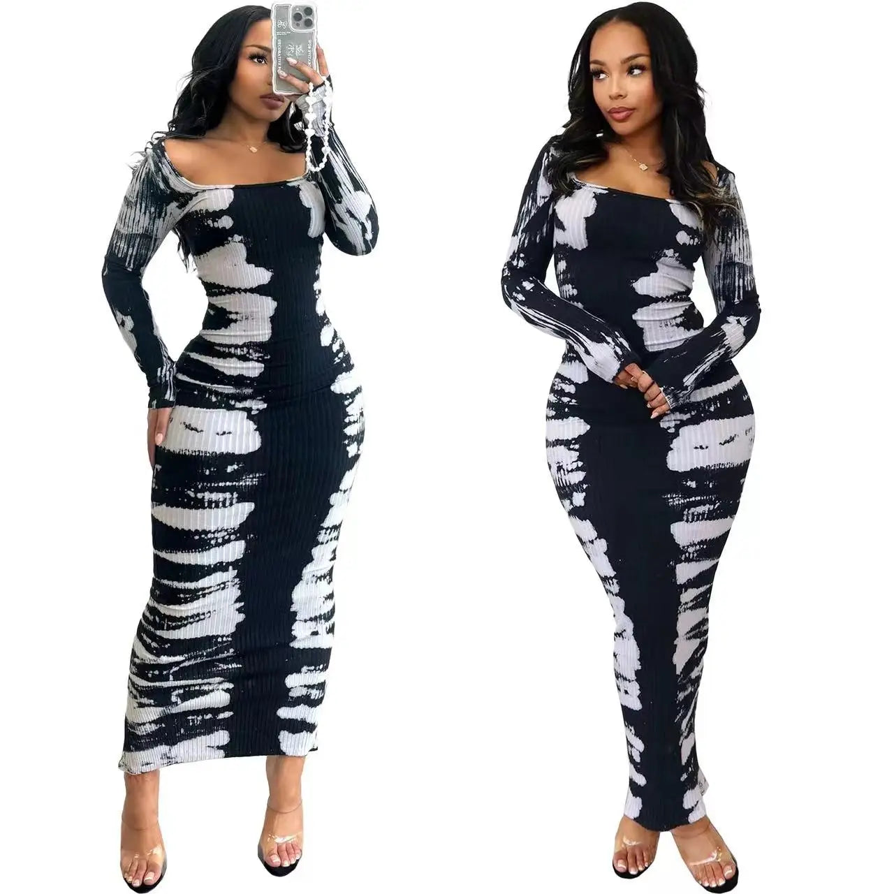 Printed Contrast Square Collar Dress