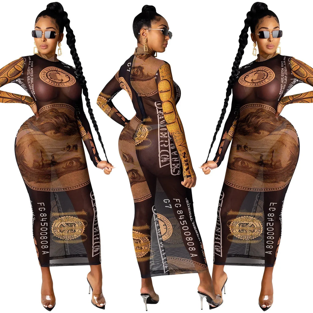 Sexy Mesh Perspective Printed Dress