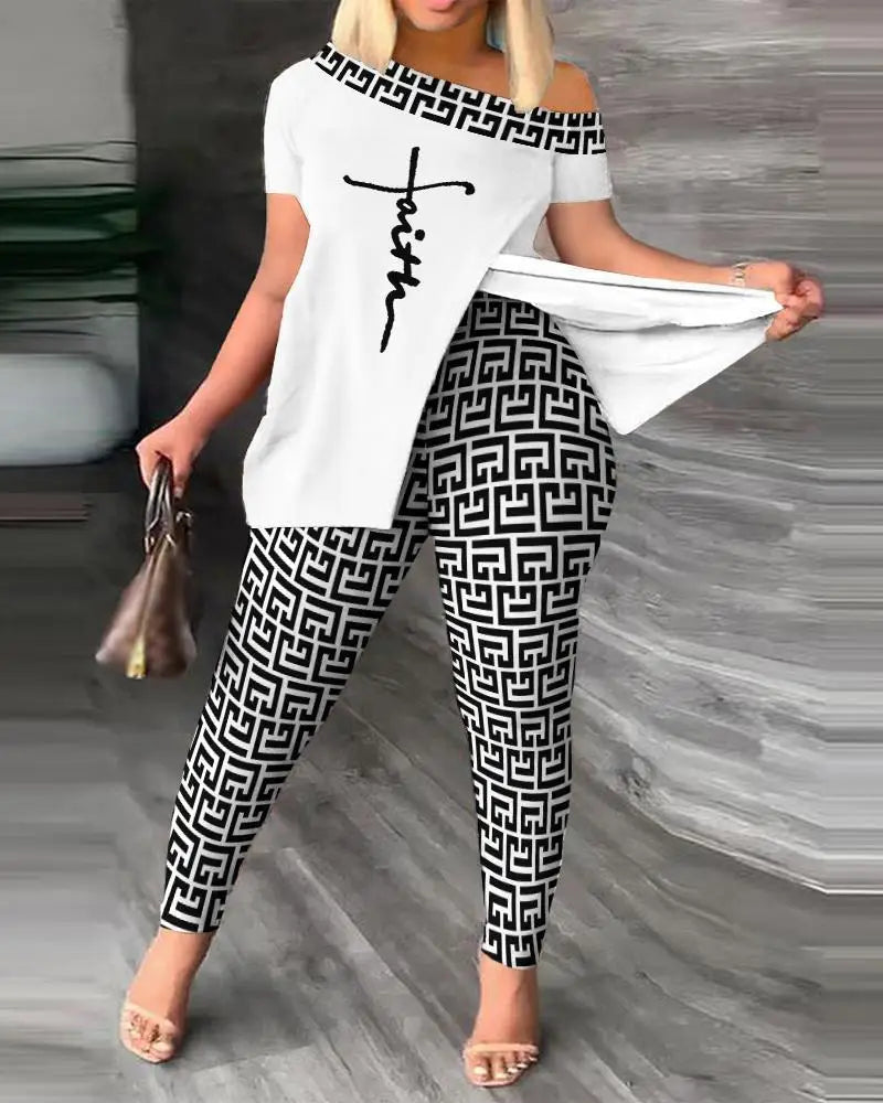Printed With Slit Irregular Sloped Collar 2pc