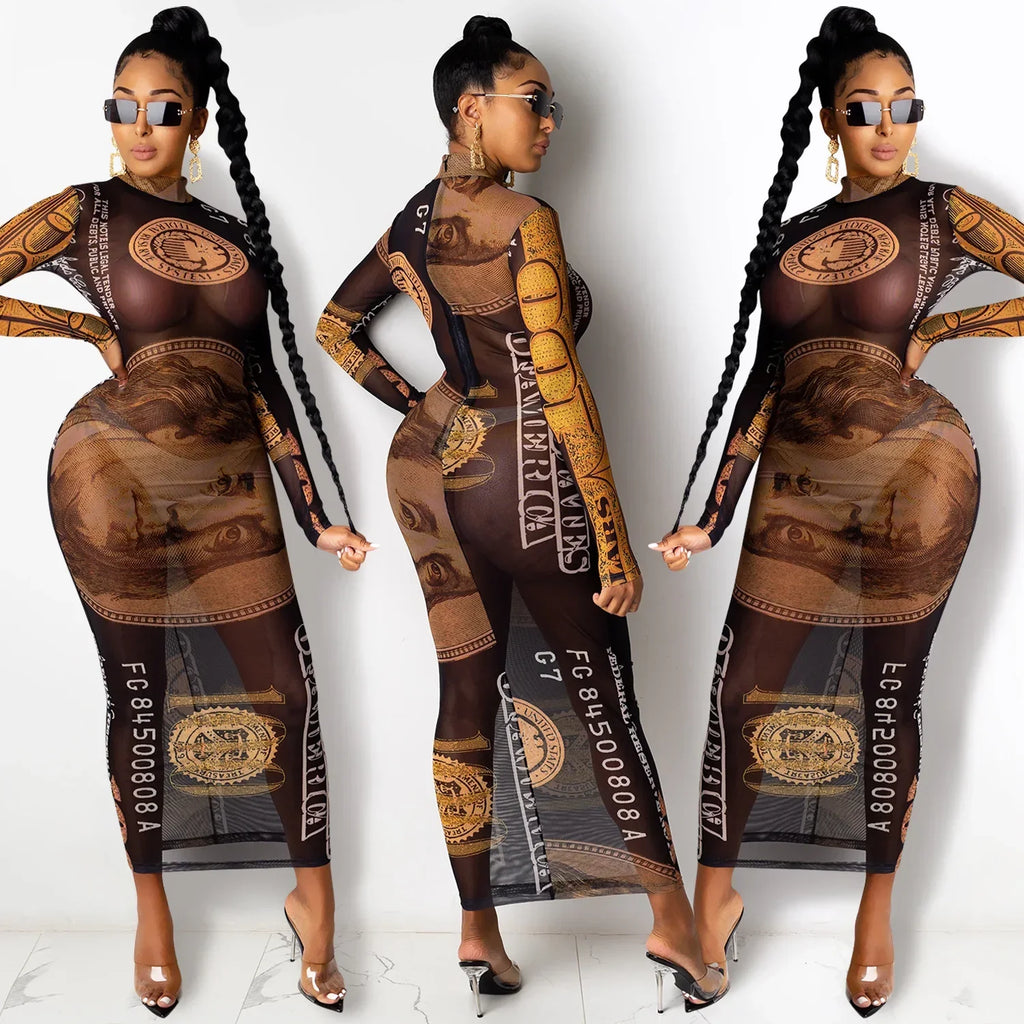 Sexy Mesh Perspective Printed Dress