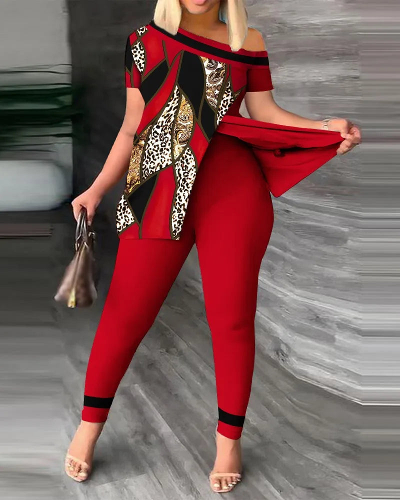 Printed With Slit Irregular Sloped Collar 2pc