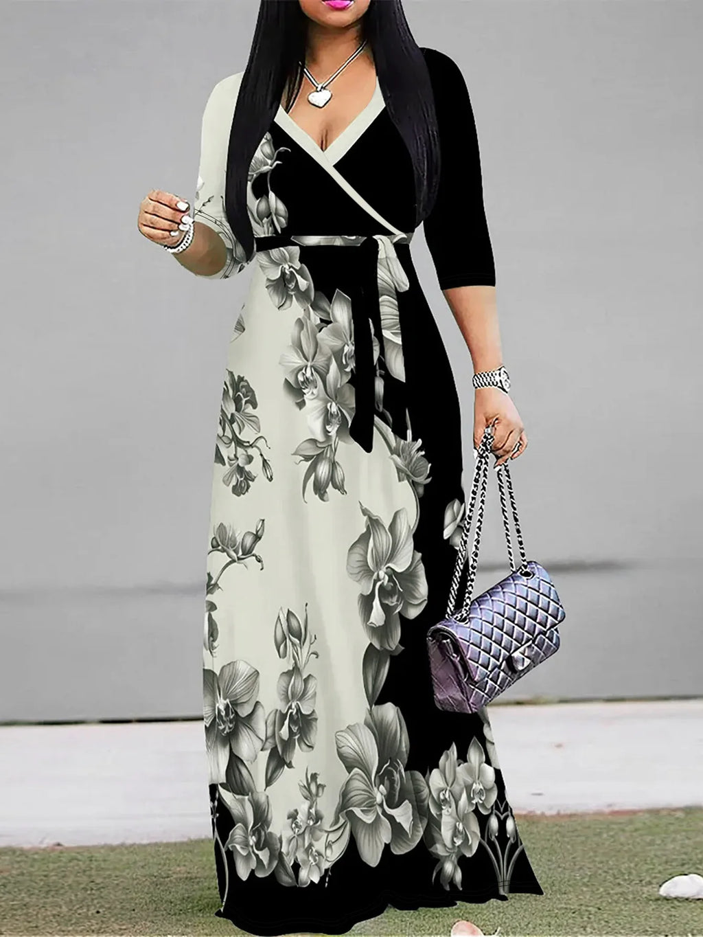 Elegant Printed V-neck Dress