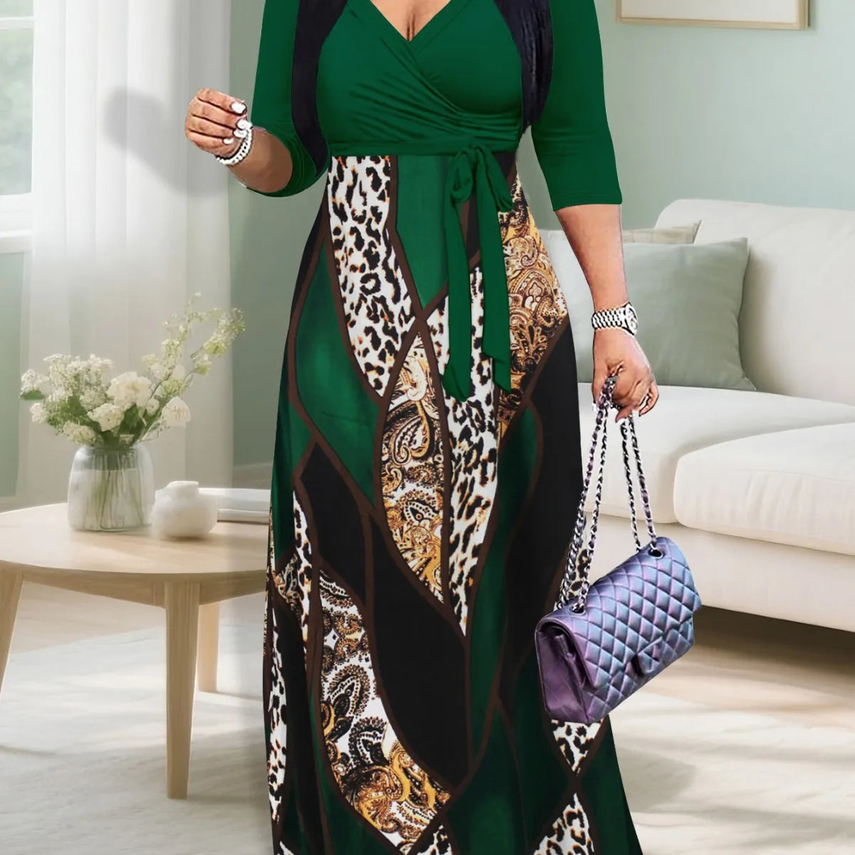 Elegant Printed V-neck Dress