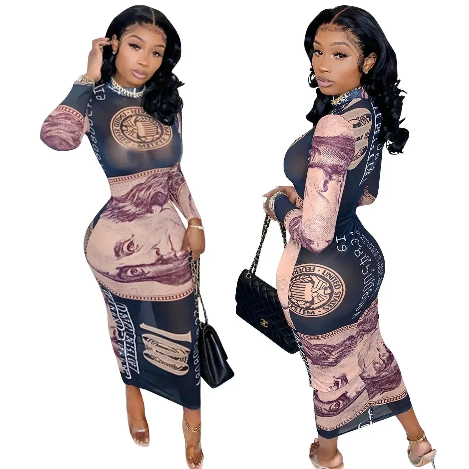 Sexy Mesh Perspective Printed Dress