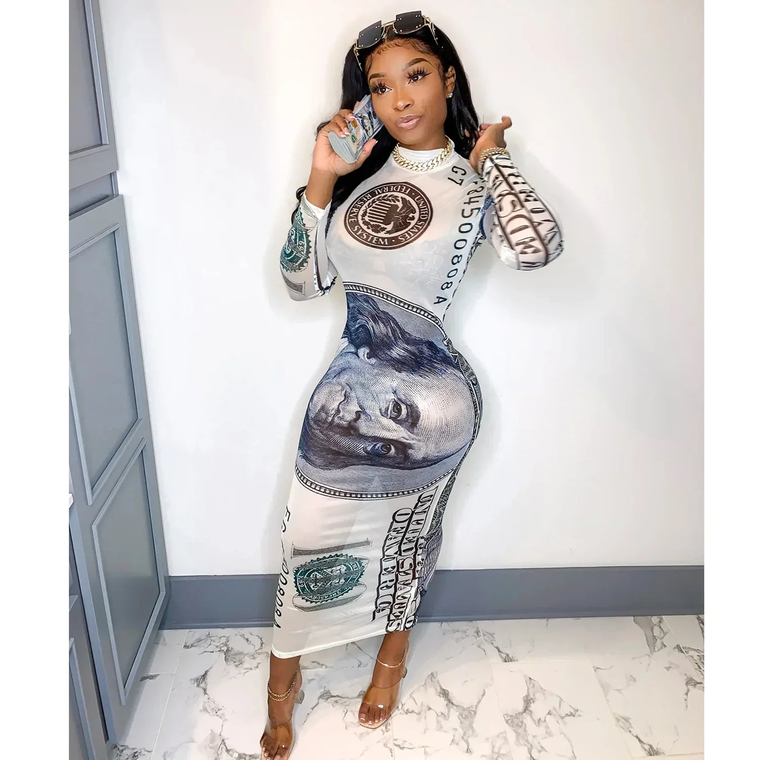 Sexy Mesh Perspective Printed Dress