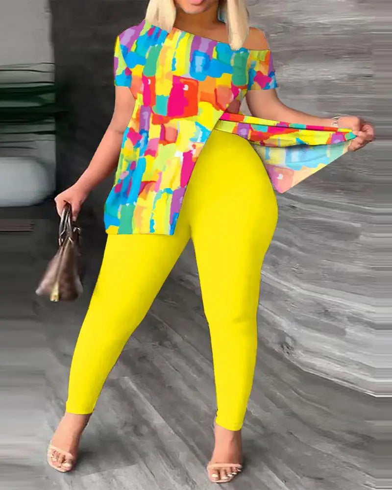 Printed With Slit Irregular Sloped Collar 2pc