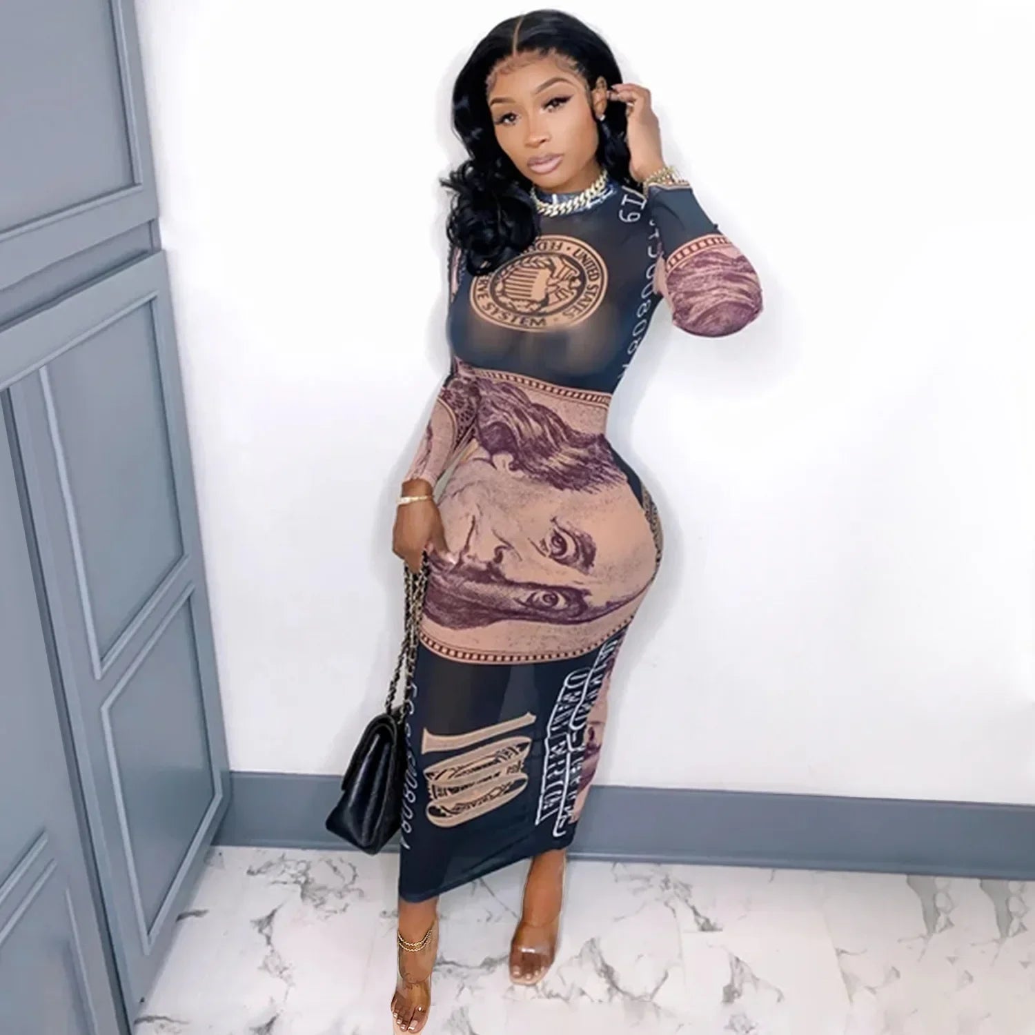 Sexy Mesh Perspective Printed Dress