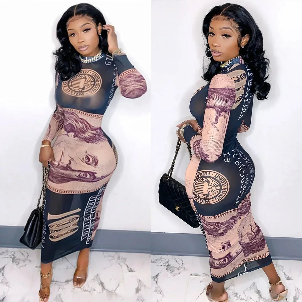 Sexy Mesh Perspective Printed Dress