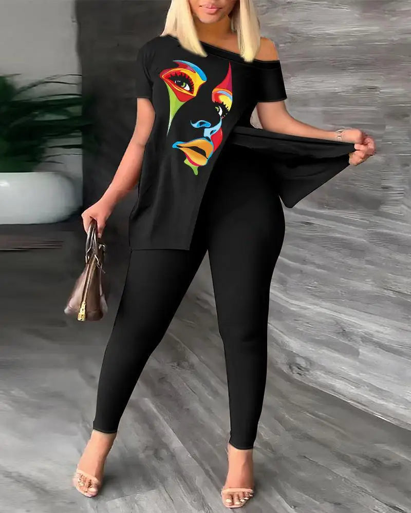 Printed With Slit Irregular Sloped Collar 2pc