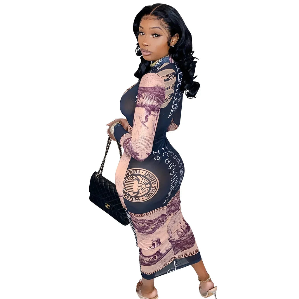 Sexy Mesh Perspective Printed Dress