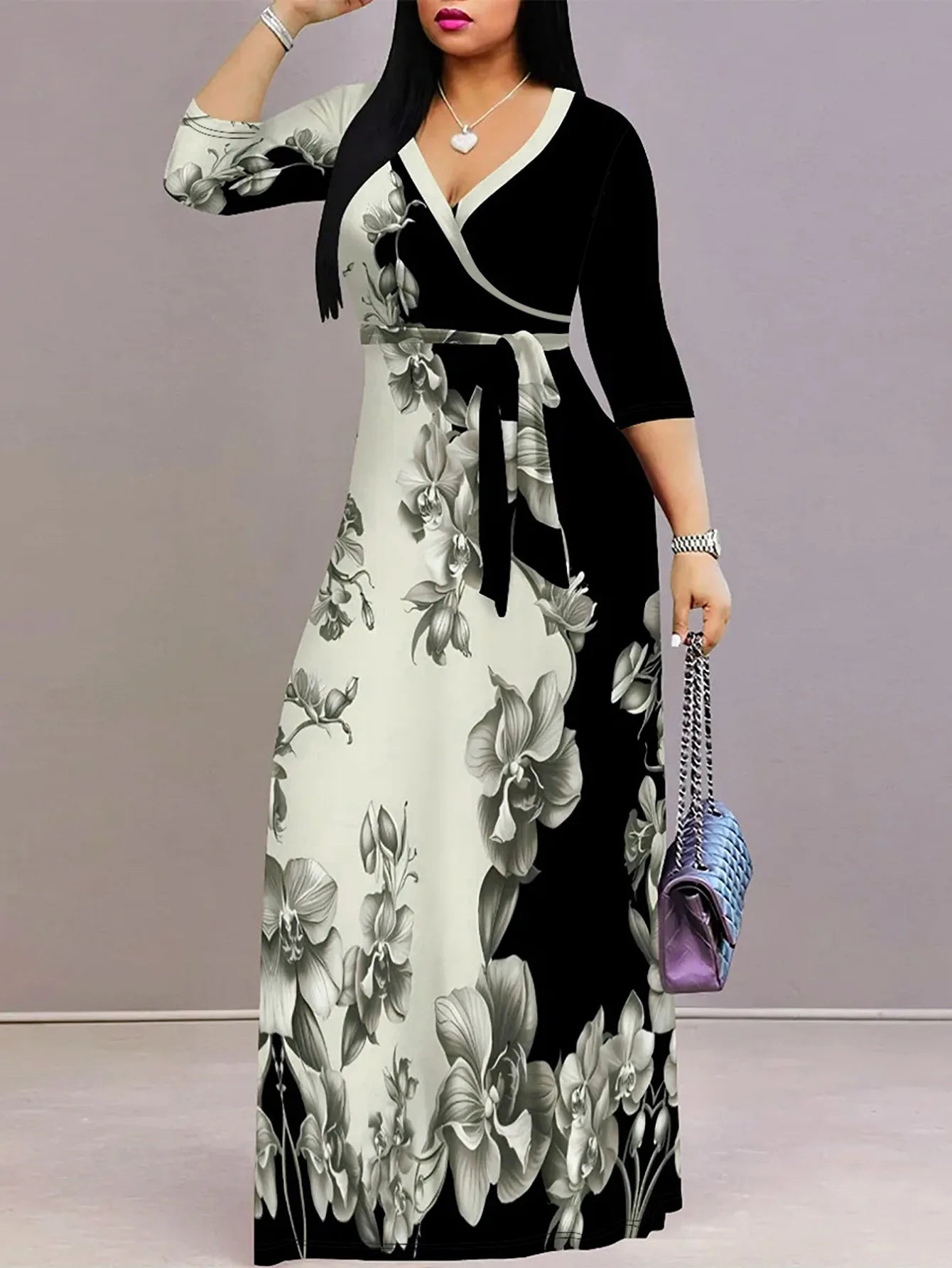 Elegant Printed V-neck Dress