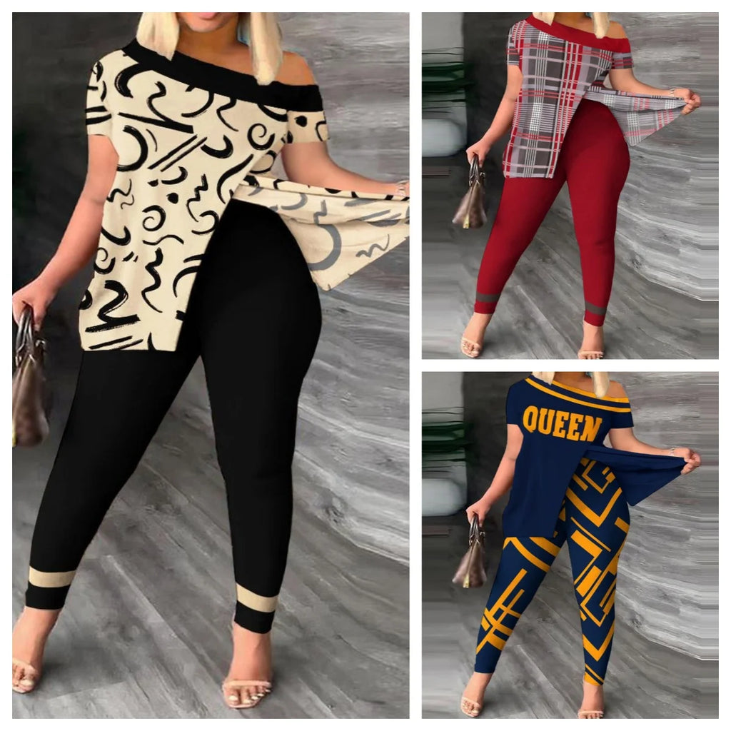 Printed With Slit Irregular Sloped Collar 2pc