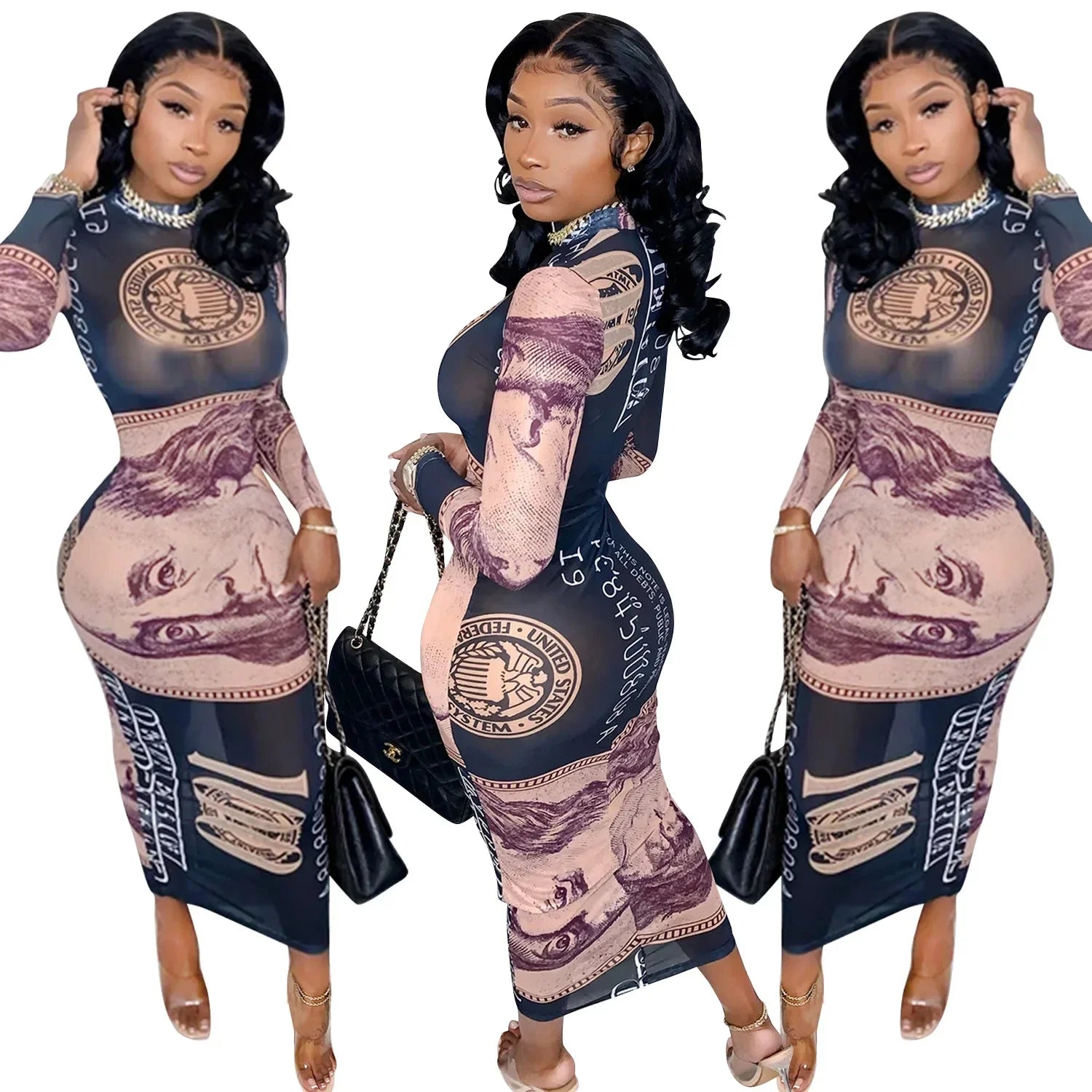 Sexy Mesh Perspective Printed Dress