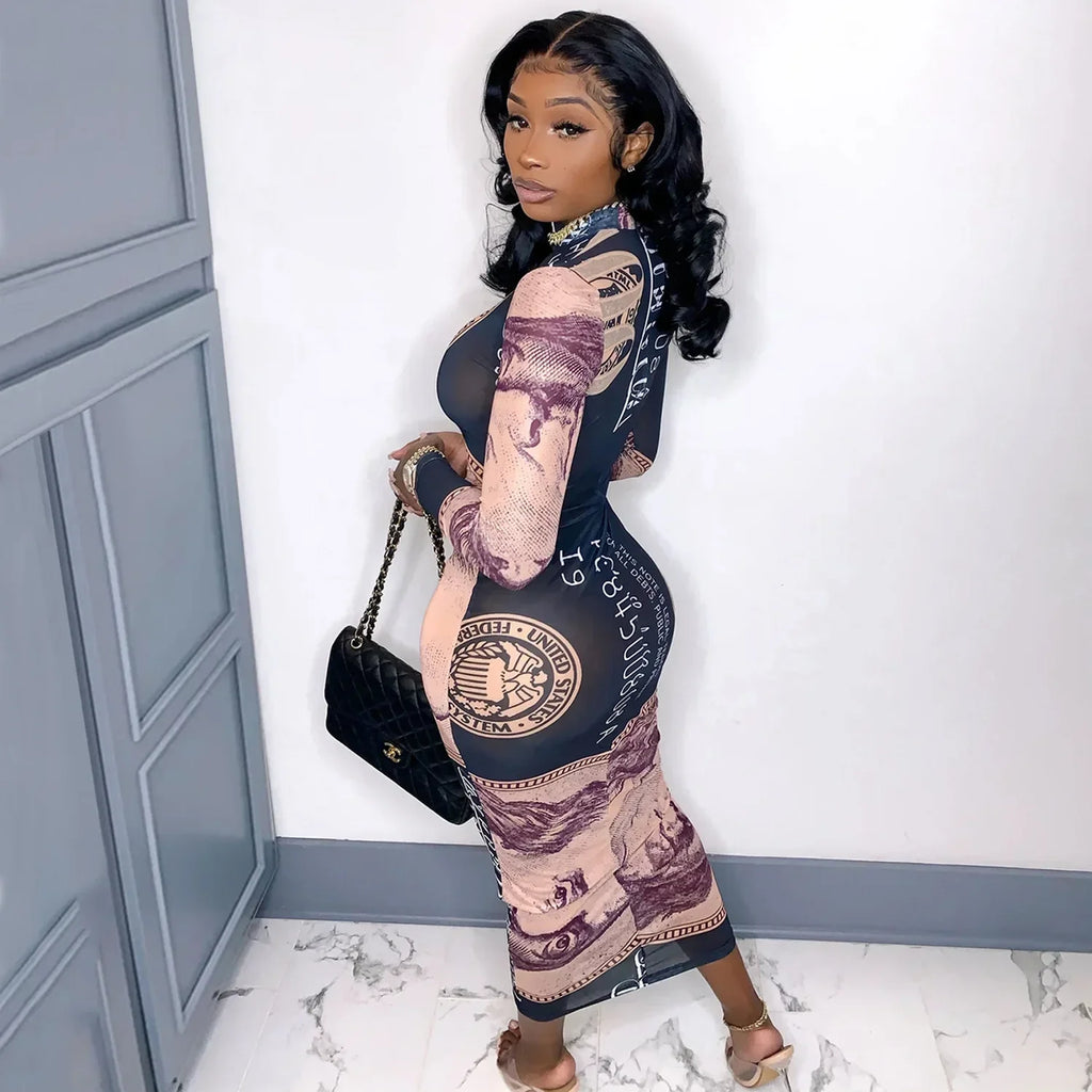 Sexy Mesh Perspective Printed Dress