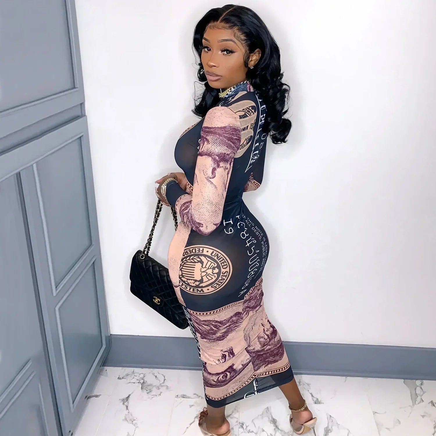 Sexy Mesh Perspective Printed Dress