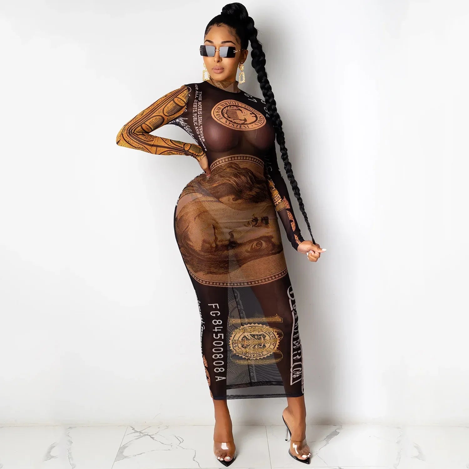 Sexy Mesh Perspective Printed Dress