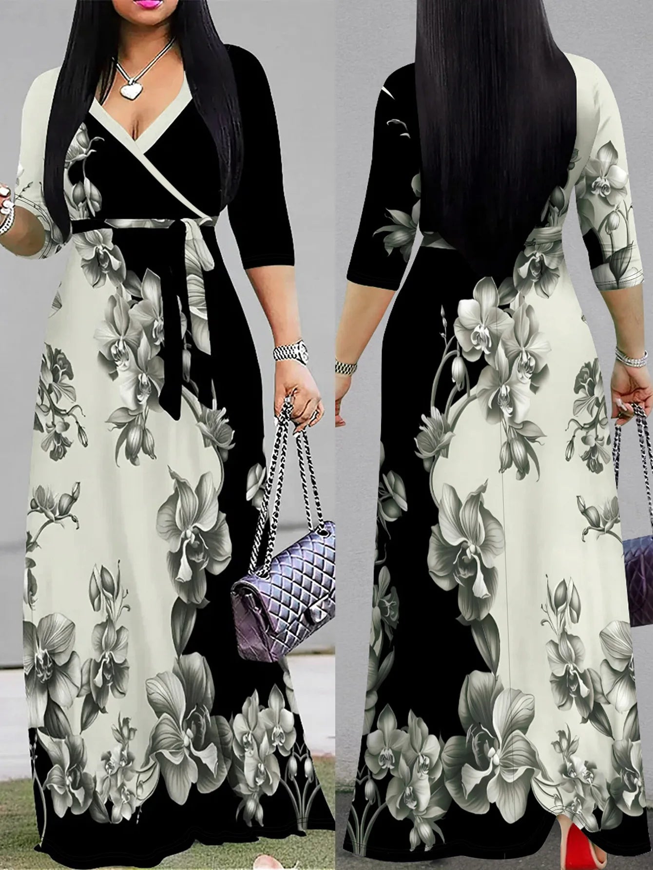 Elegant Printed V-neck Dress